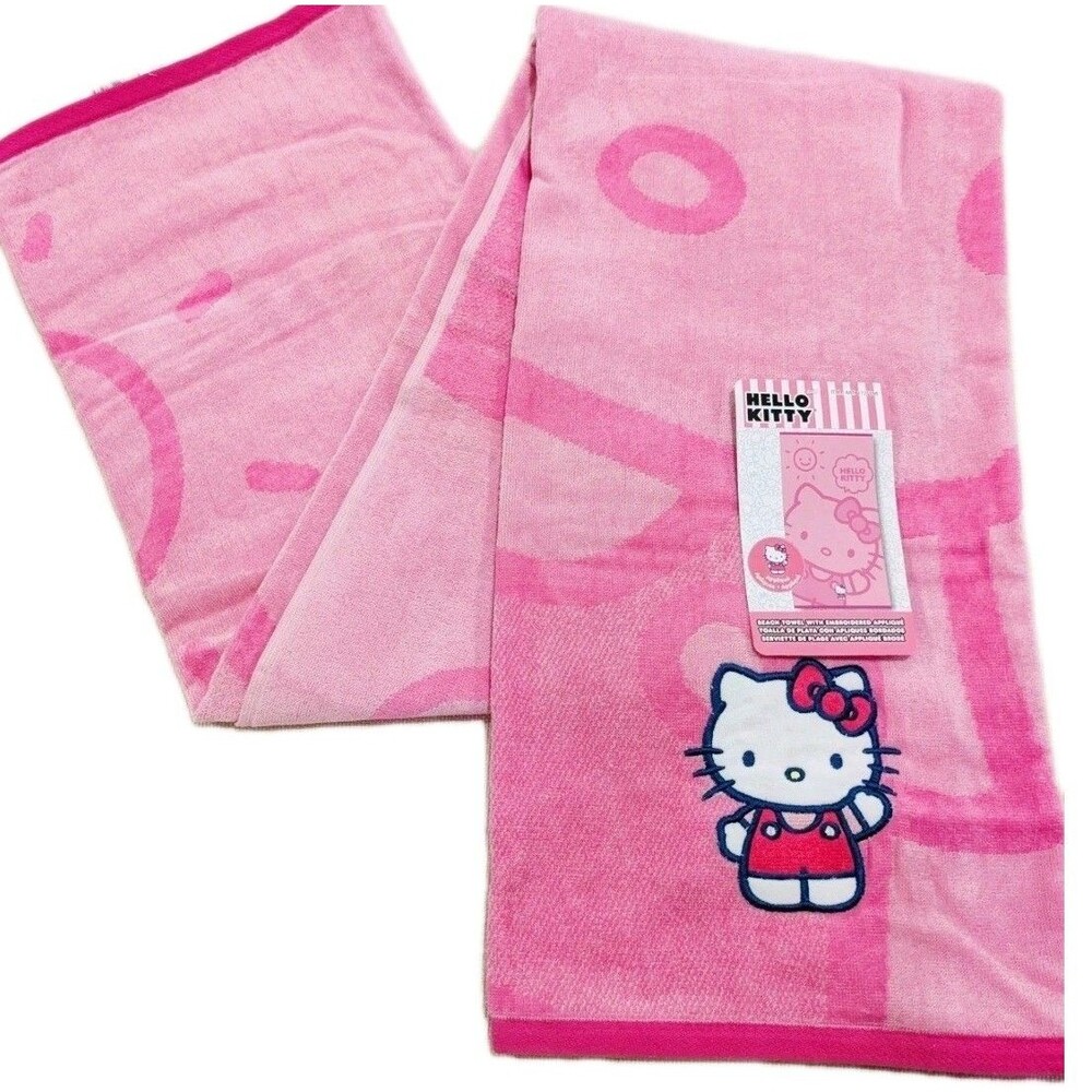 Hello Kitty Pink Embroidered Beach Towel 100% Cotton Sheared Velour 34x63 Sanrio - Picture 2 of 12